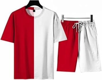 Men's Round Collar Suit 2 Piece Short Sports Set Short Shirt+ Pants Tracksuit Gym Suits (Color: RED+WHITE-XL)