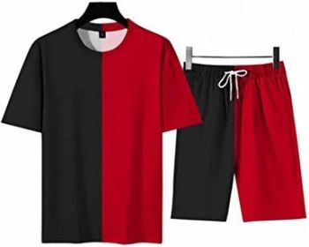 Men's Round Collar Suit 2 Piece Short Sports Set Short Shirt+ Pants Tracksuit Gym Suits (Color: BLACK+RED-XXL)