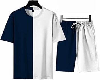 Men's Round Collar Suit 2 Piece Short Sports Set Short Shirt+ Pants Tracksuit Gym Suits (Color: DARK BLUE+WHITE-L)