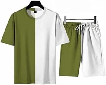 Men's Round Collar Suit 2 Piece Short Sports Set Short Shirt+ Pants Tracksuit Gym Suits (Color: GREEN+WHITE-L)