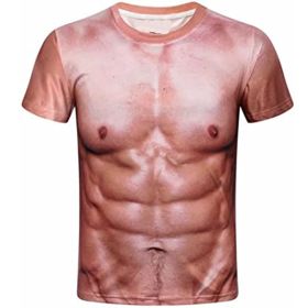 Mens Funny Muscle Printed Short Sleeve T-Shirt Muscle Man Costume Summer Tees (Color: Dark flesh-L)