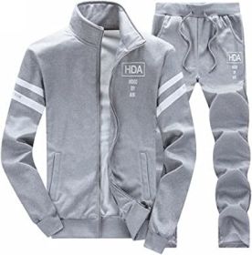 Men's Casual Slim Fit Tracksuit Long Sleeve Stand Collar Athletic Jacket Jogging Pangts Suits Set (Color: GRAY-S)