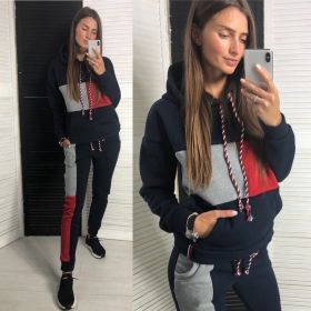 Women Fashion Hoody Tracksuit Two Piece Set Hooded Sweatshirt Sport Suits Casual Outfits Sets (Color: NAVY, size: M)