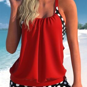 Plus Size Casual Swimsuit Set, Women's Plus Colorblock Dot Print Cut Out Round Neck Cami Top & Shorts Bathing Suit Two Piece Set (Color: Red, size: 2XL(16))