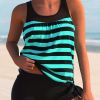 Plus Size Casual Tankini Set, Women's Plus Ribbed Stripe Print High Stretch Tank Top & Shorts Tankini Two Piece Set