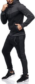 Men's 2 Piece Tracksuit Stitch Hoodie Pants Sport Suit Zipper Cardigan Casual Sport Suit (Color: Black, size: XL)