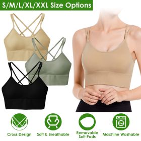 3Packs Women Cross Back Sport Bras Padded Strappy Medium Support Bras (Color: Green+Black+Beige, size: S)