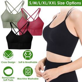 3Packs Women Cross Back Sport Bras Padded Strappy Medium Support Bras (Color: Green+Red+Black, size: S)