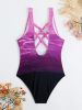 Ombre Purple Color Criss Cross Lace Up Back High Cut Tummy Control One Piece Swimsuit, Women's Swimwear