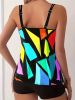 Geometric Pattern Multicolored Tankini Sets, Round Neck Boxer Short Bottom Two Pieces Swimsuit, Women's Swimwear & Clothing