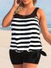 Plus Size Casual Tankini Set, Women's Plus Ribbed Stripe Print High Stretch Tank Top & Shorts Tankini Two Piece Set