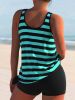 Plus Size Casual Tankini Set, Women's Plus Ribbed Stripe Print High Stretch Tank Top & Shorts Tankini Two Piece Set