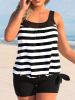 Plus Size Casual Tankini Set, Women's Plus Ribbed Stripe Print High Stretch Tank Top & Shorts Tankini Two Piece Set